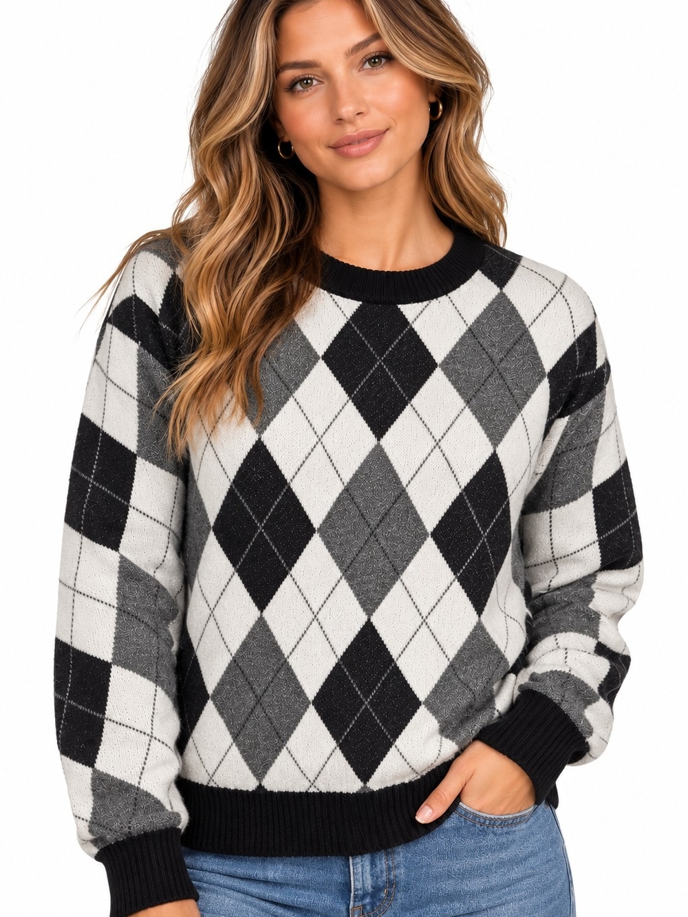 MEROKEETY NWT Large Argyle Y2K Preppy Knit Sweater Black Gray White